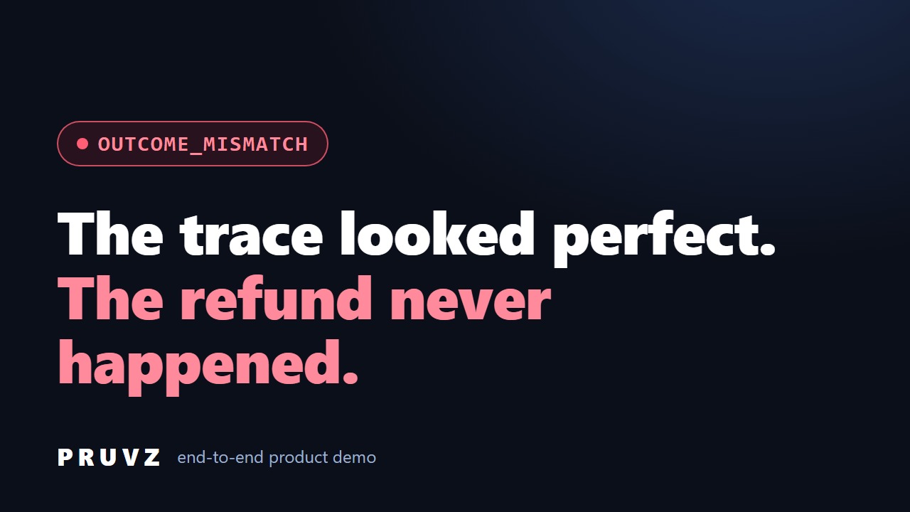 Opening frame of the recorded demo: the trace looked perfect, the refund never happened.