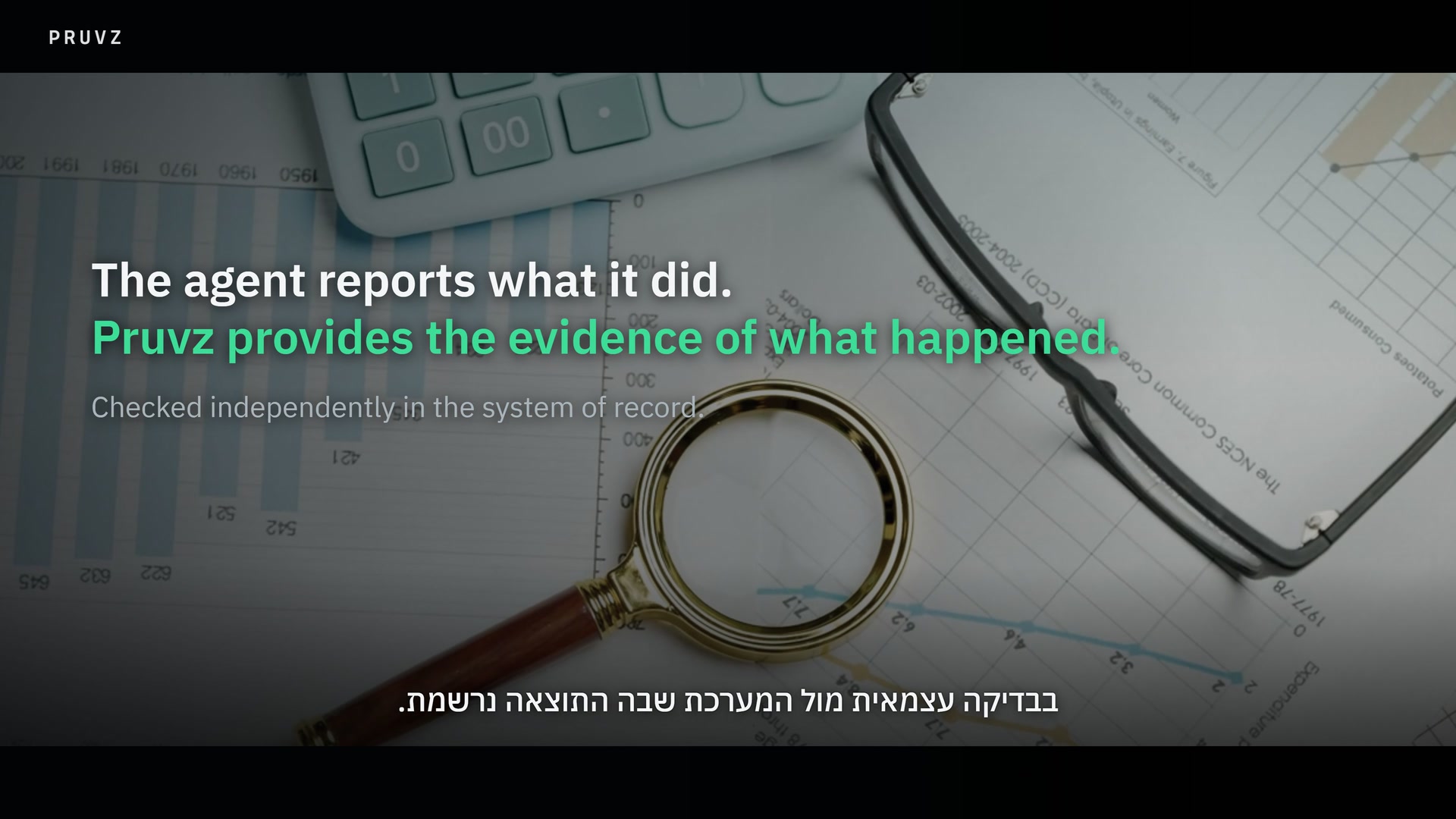 Opening frame of the film, with Hebrew subtitles: the agent reports what it did, Pruvz provides the evidence of what happened.